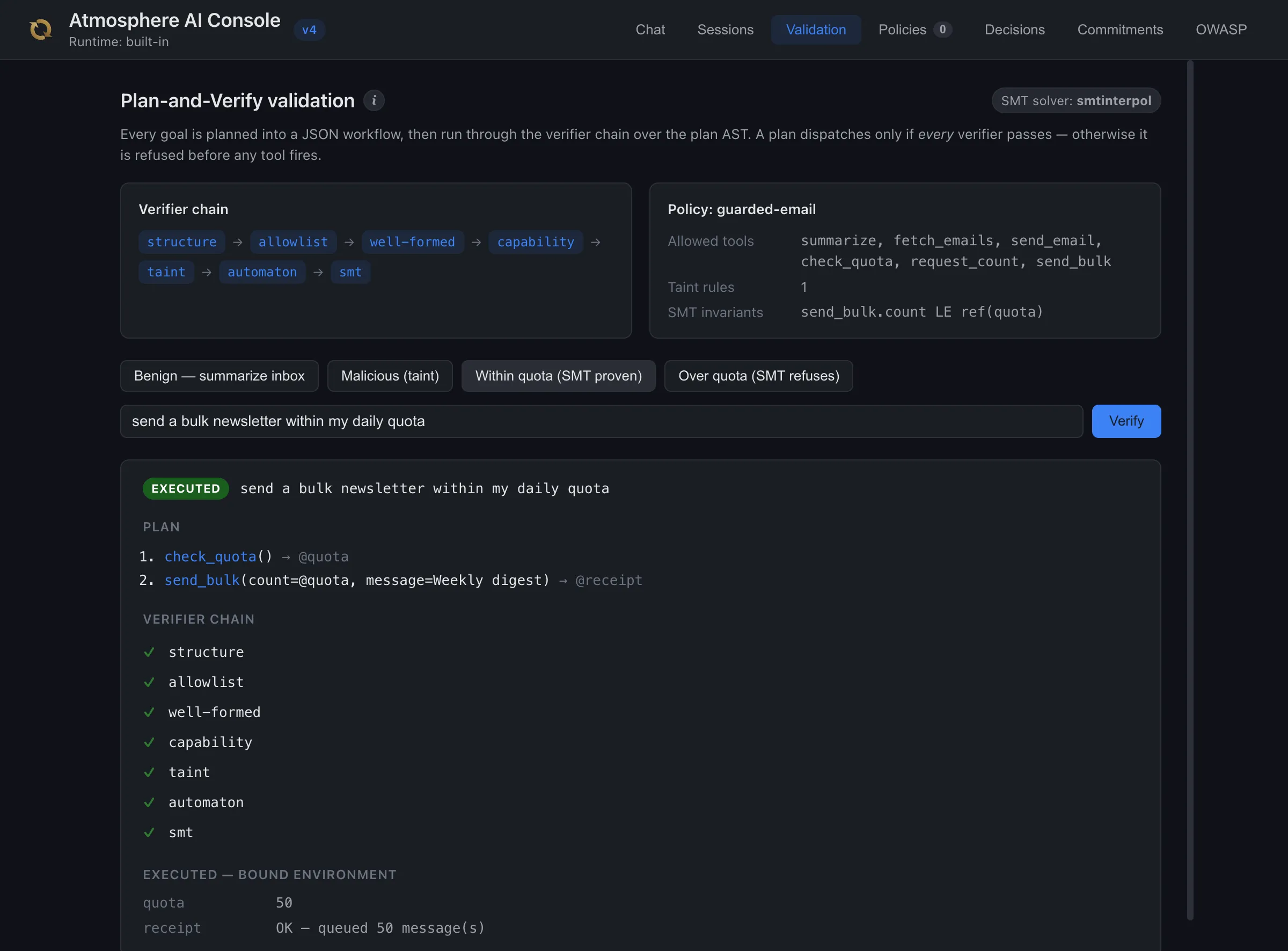 The Validation tab executing a within-quota bulk send: the whole chain passes including smt, and the plan runs, binding a receipt.